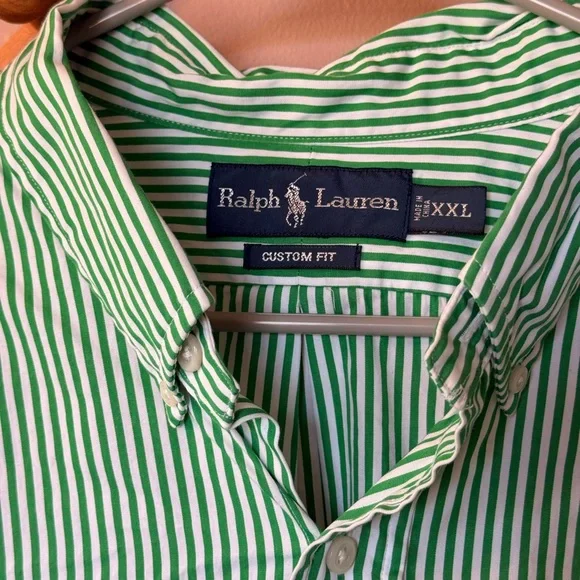 Ralph Lauren Men's Green and White Striped Shirt - Picture 4 of 9